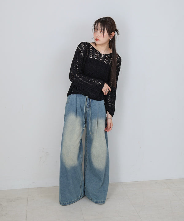 【M・Lサイズ展開】ウエストデザイン　ルーズデニムパンツ