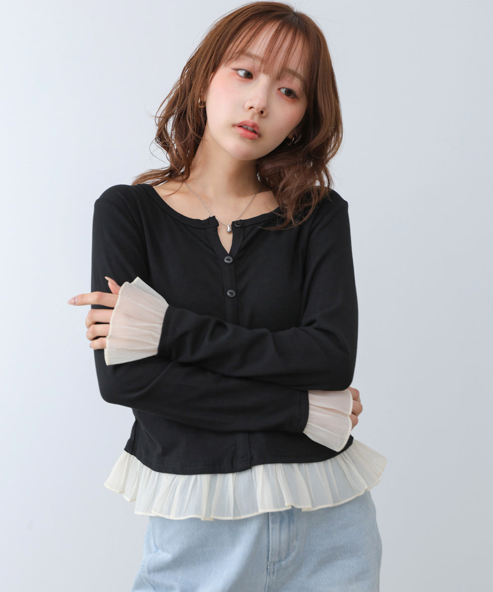 【2026SS】裾フリルヘンリーネックカットソー