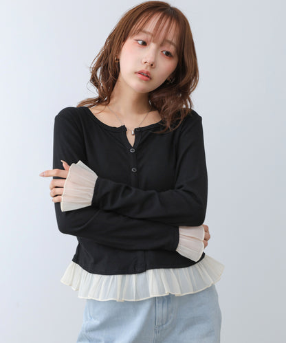 【2026SS】裾フリルヘンリーネックカットソー