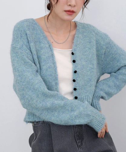 ショートシャギーくるみボタンカーディガン