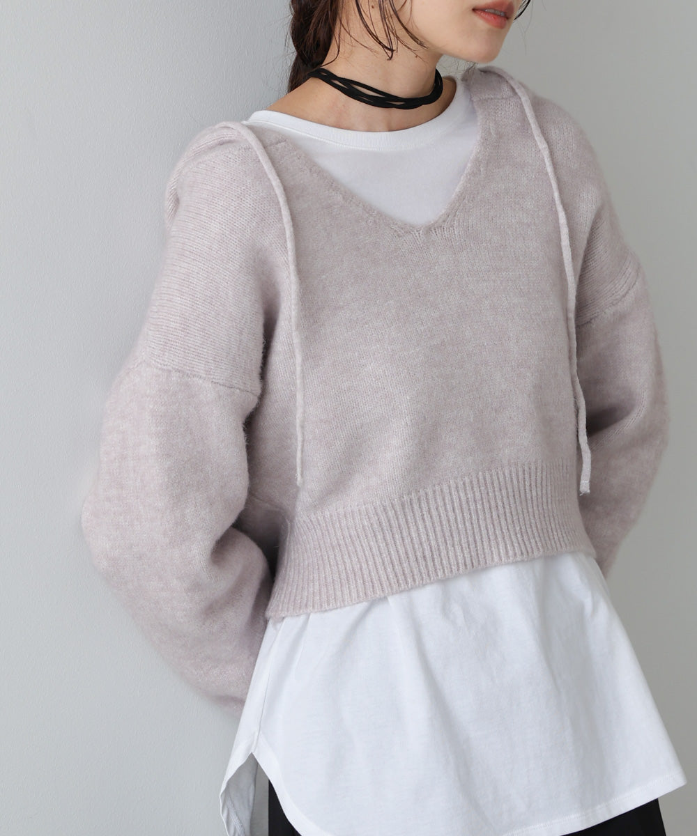 ショートフーディーニットトップス