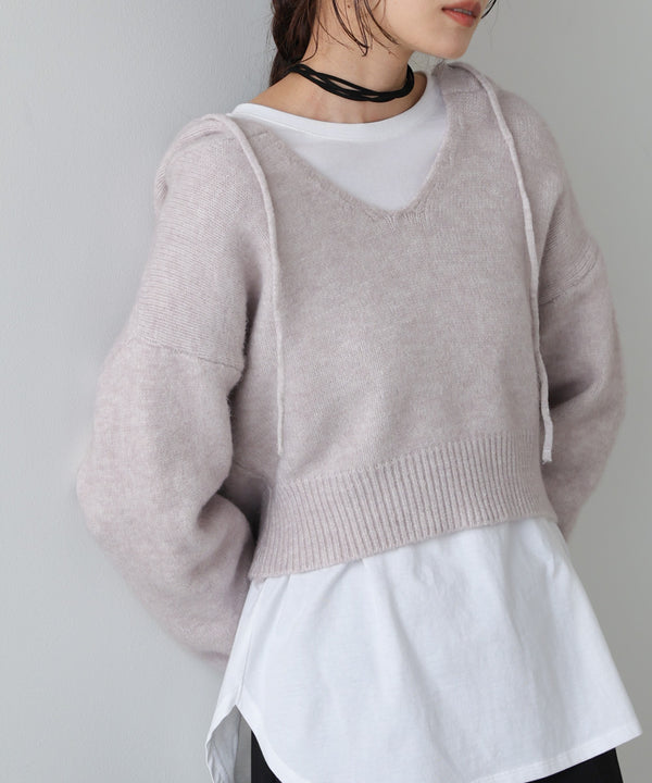 ショートフーディーニットトップス