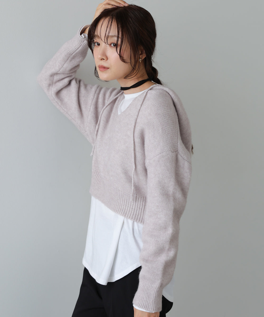 ショートフーディーニットトップス