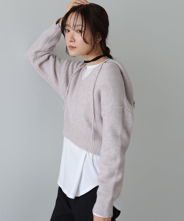 ショートフーディーニットトップス