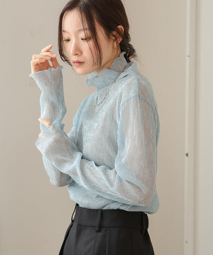 pleated sheer high neck tops