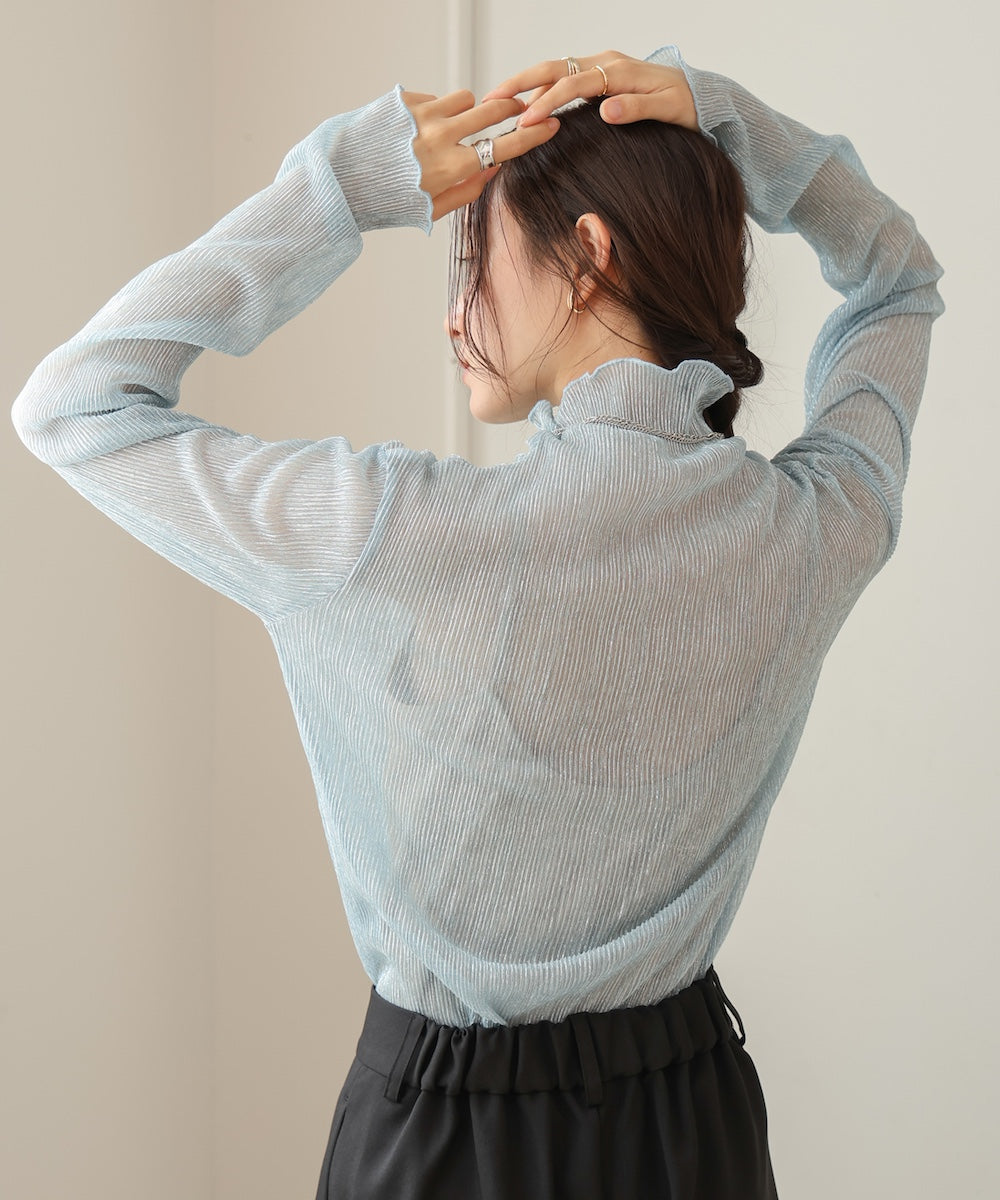 pleated sheer high neck tops