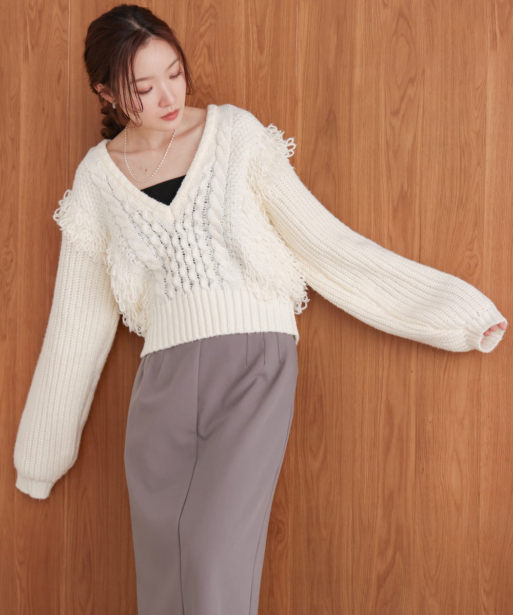フリンジバルキーニットトップス