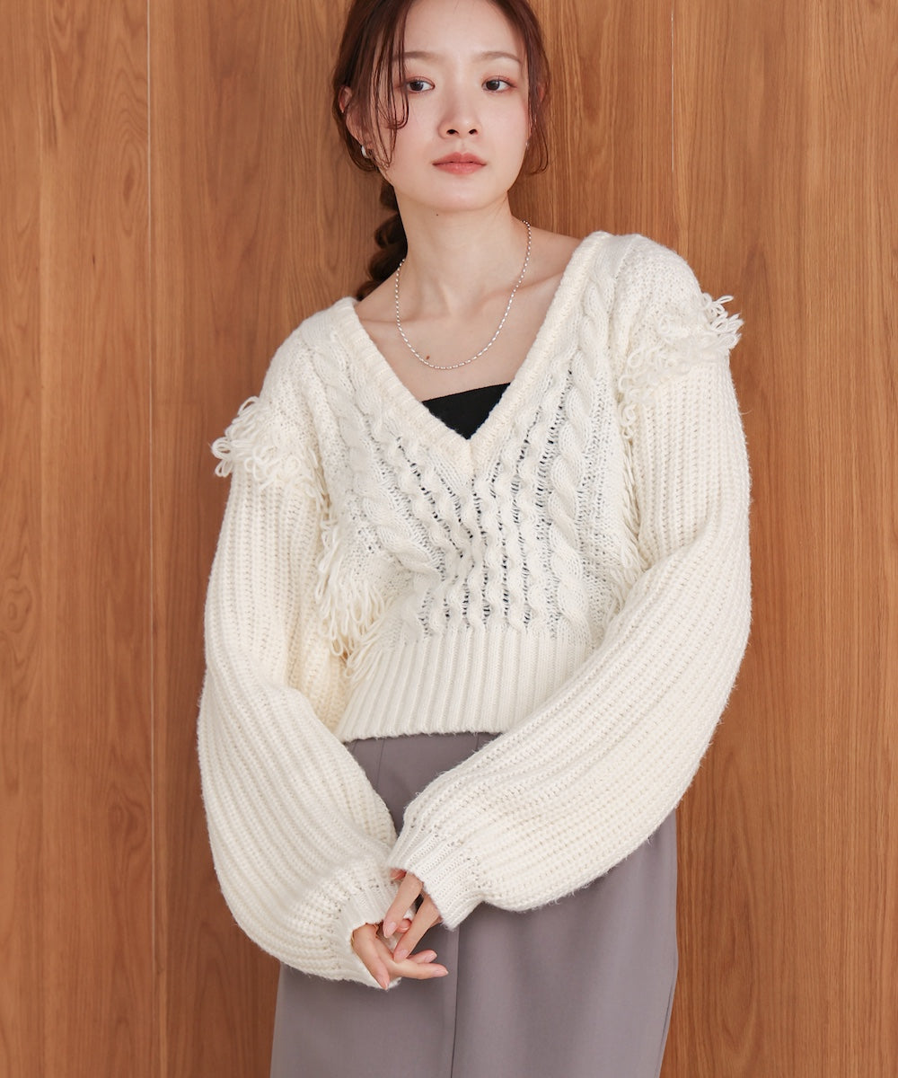 フリンジバルキーニットトップス