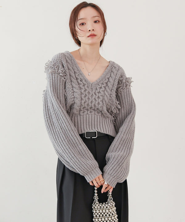 フリンジバルキーニットトップス