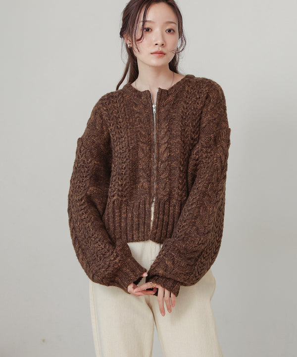 mohair touch cable zip knit