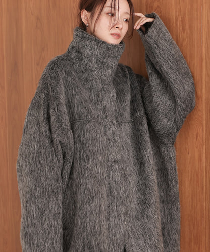 shaggy stand collar mid-length coat