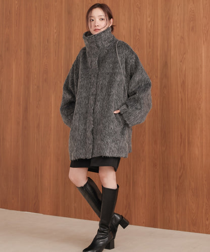 shaggy stand collar mid-length coat