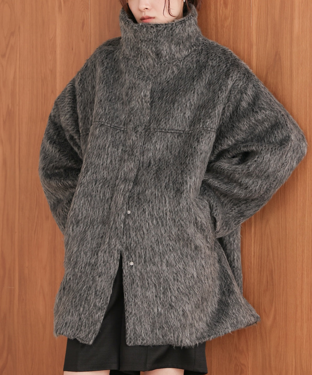 shaggy stand collar mid-length coat