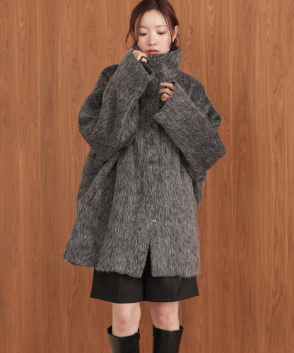 shaggy stand collar mid-length coat