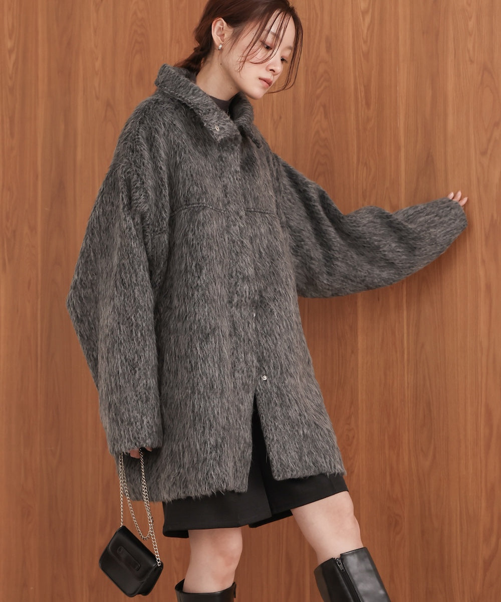 shaggy stand collar mid-length coat