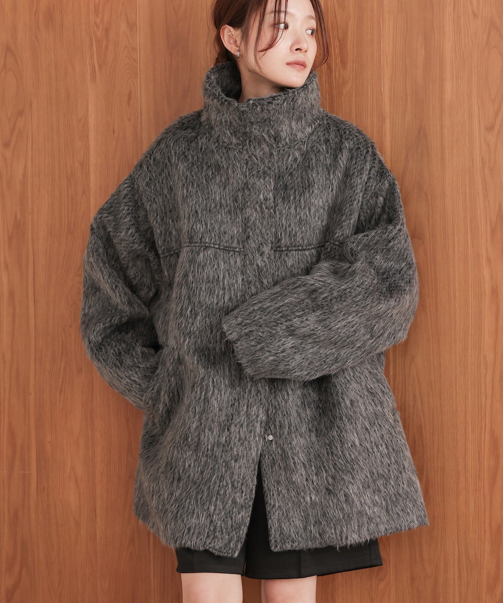 shaggy stand collar mid-length coat