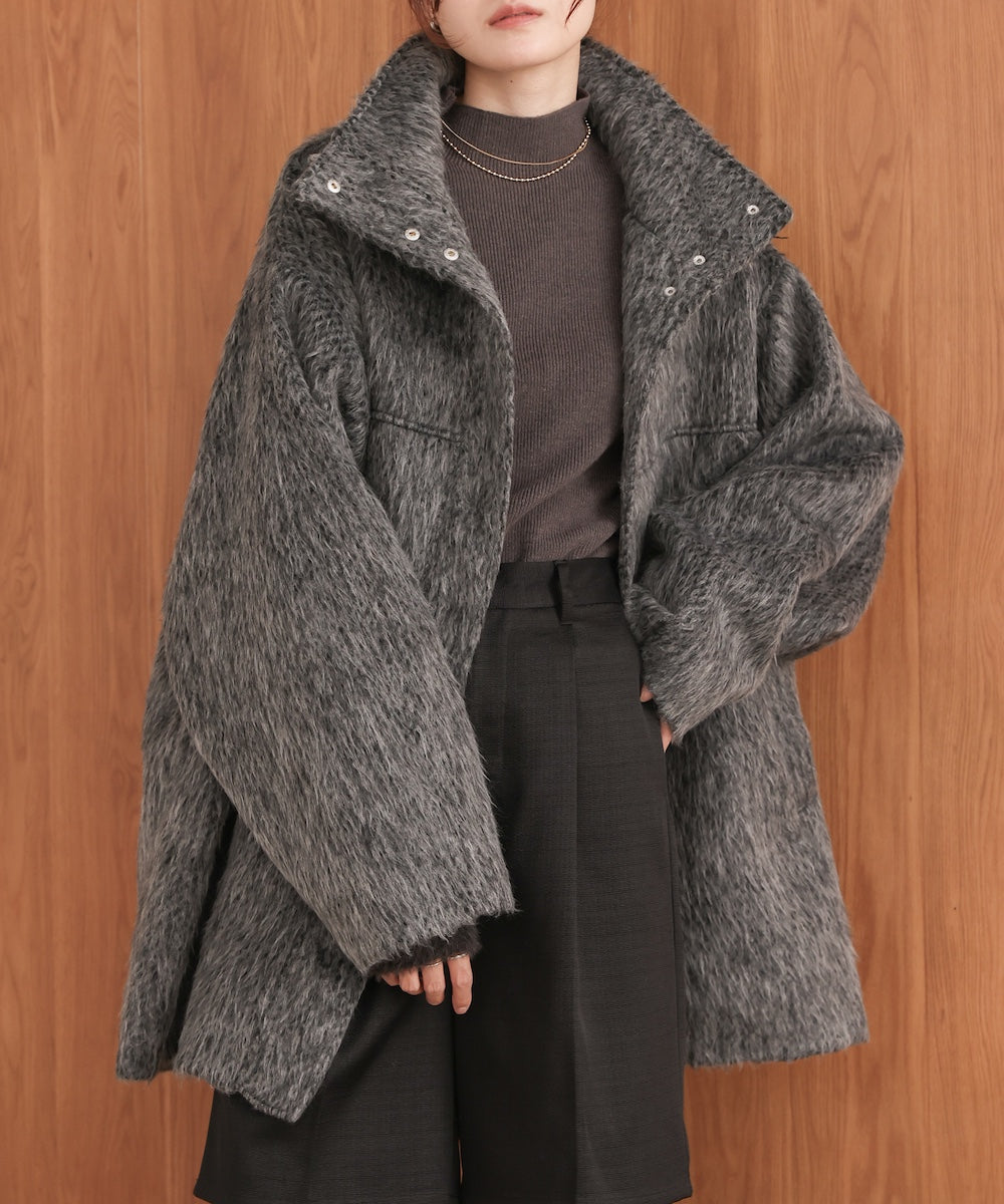 shaggy stand collar mid-length coat