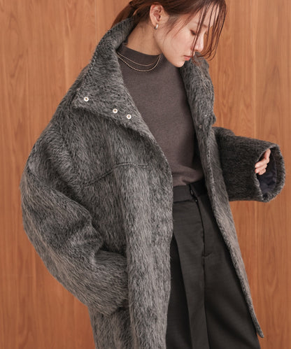 shaggy stand collar mid-length coat