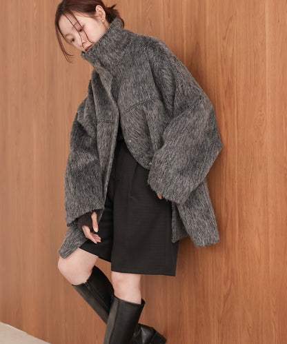 shaggy stand collar mid-length coat