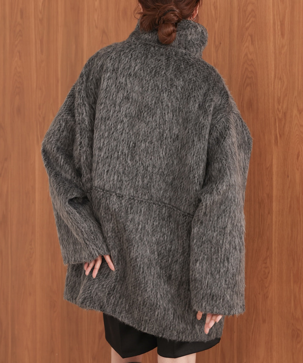 shaggy stand collar mid-length coat