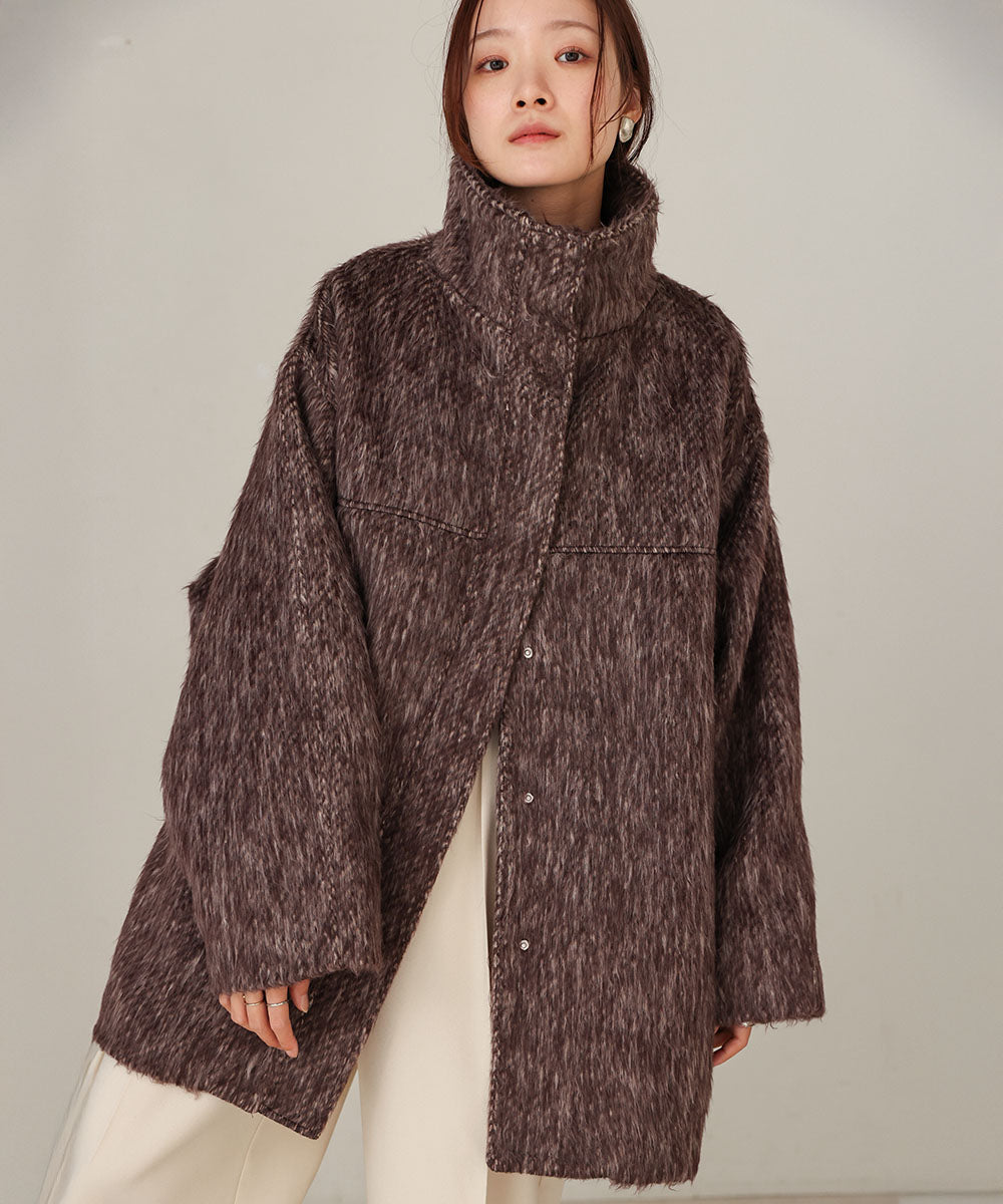 shaggy stand collar mid-length coat