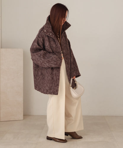 shaggy stand collar mid-length coat