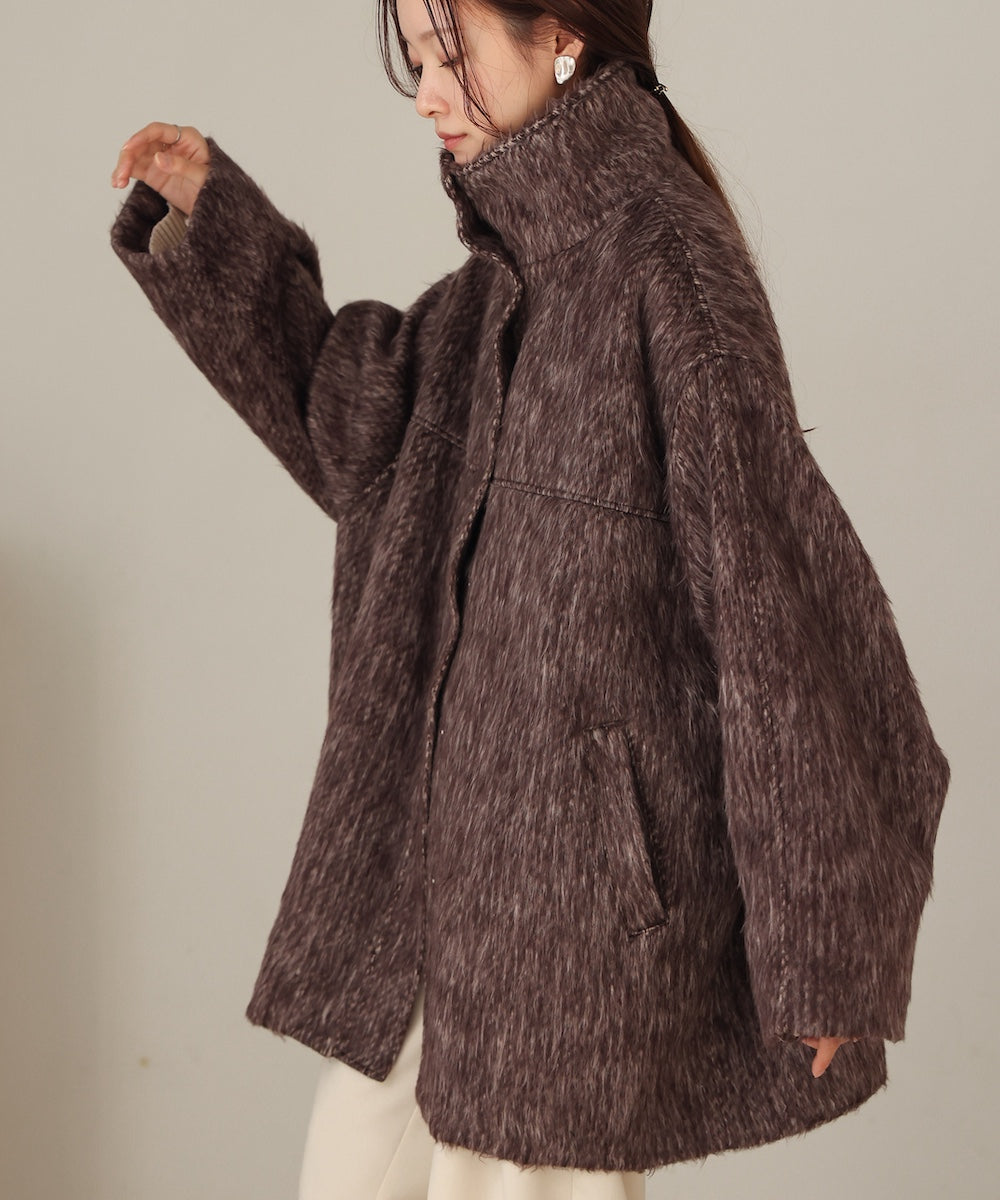 shaggy stand collar mid-length coat