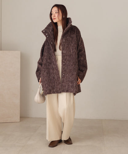 shaggy stand collar mid-length coat