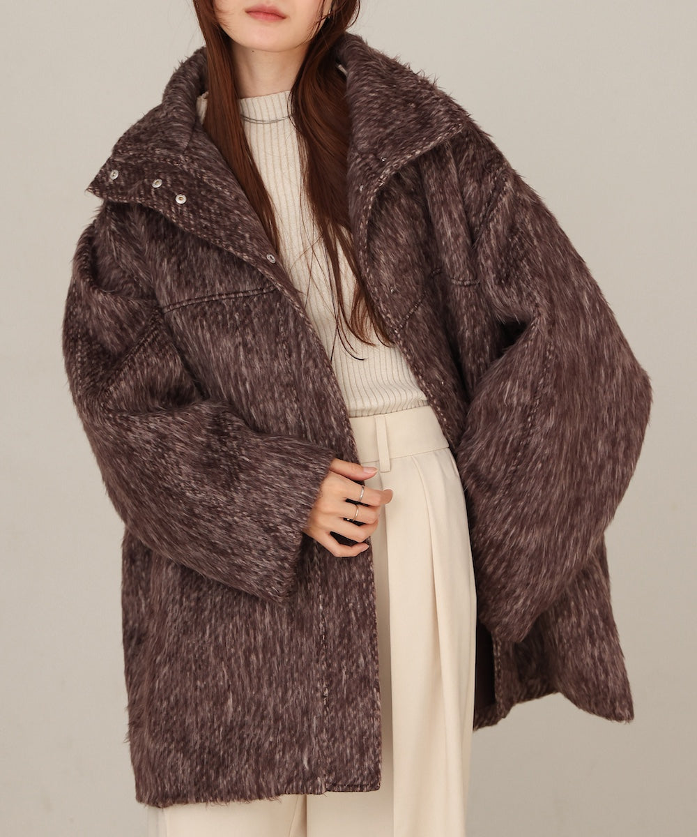 shaggy stand collar mid-length coat