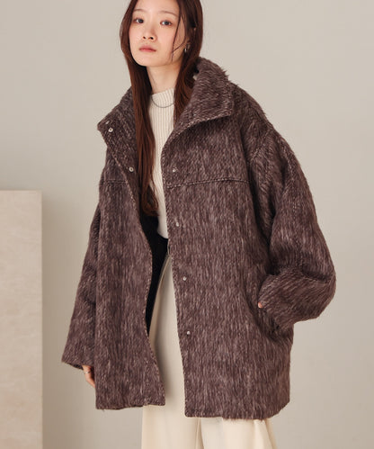 shaggy stand collar mid-length coat