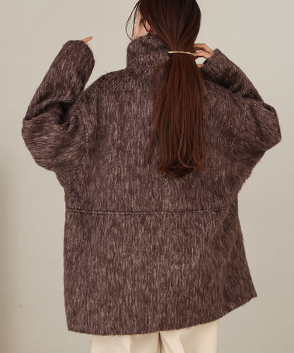 shaggy stand collar mid-length coat