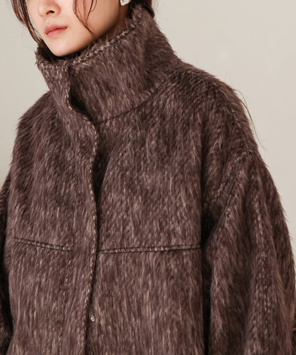 shaggy stand collar mid-length coat