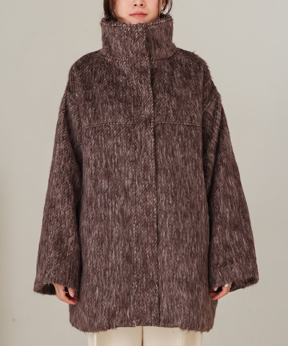 shaggy stand collar mid-length coat