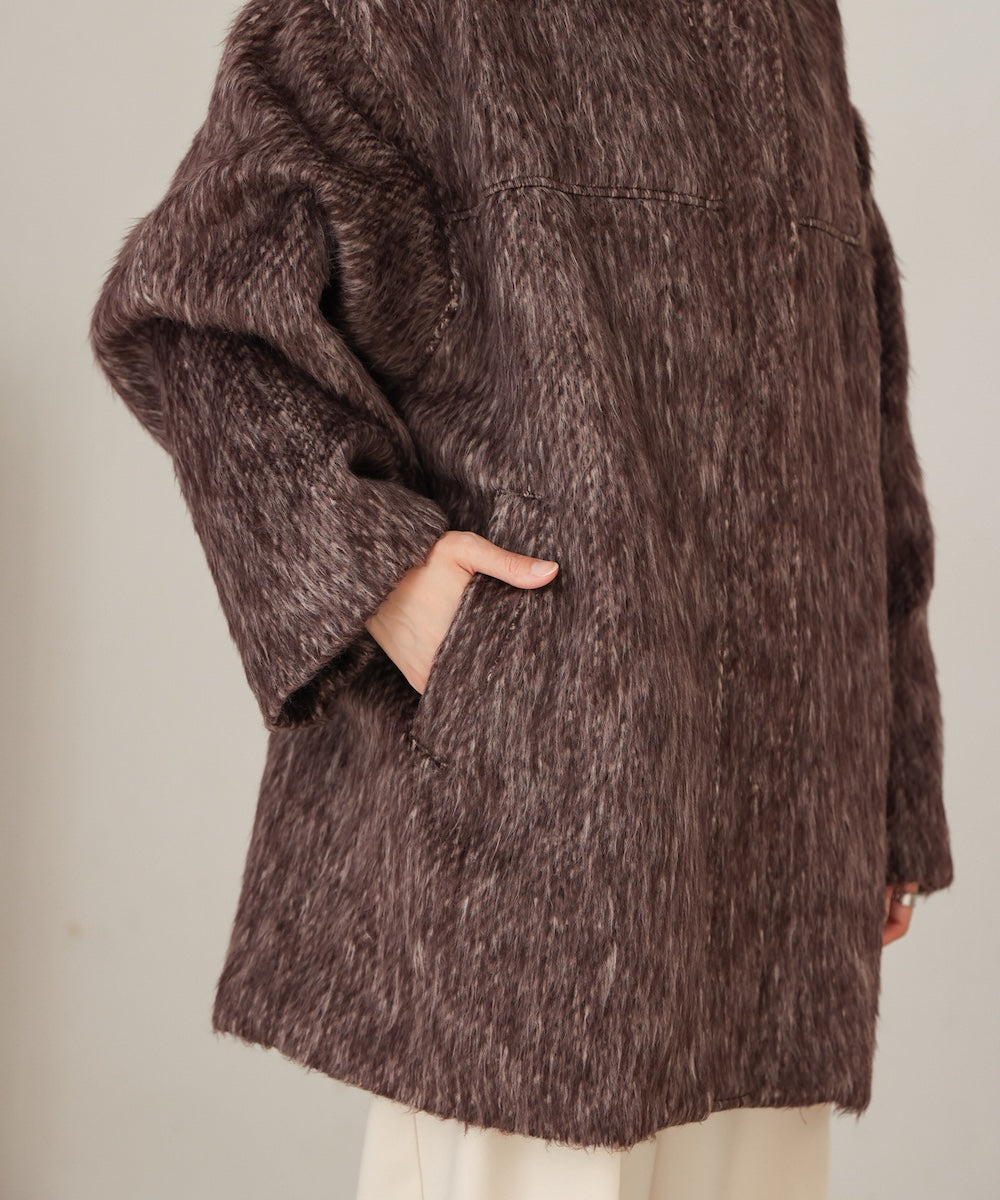 shaggy stand collar mid-length coat