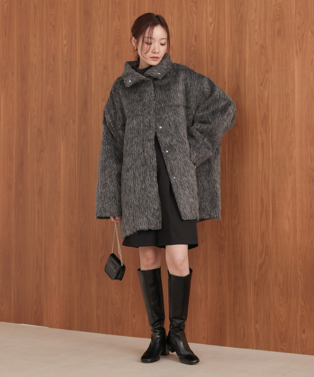 shaggy stand collar mid-length coat