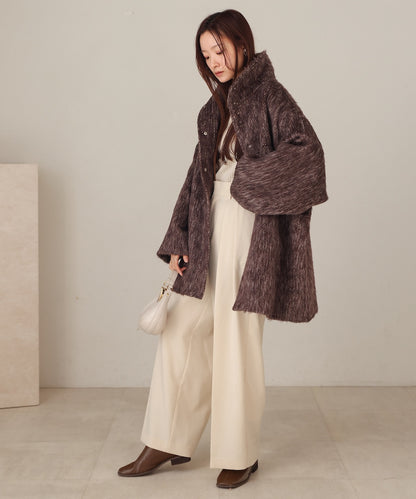 shaggy stand collar mid-length coat