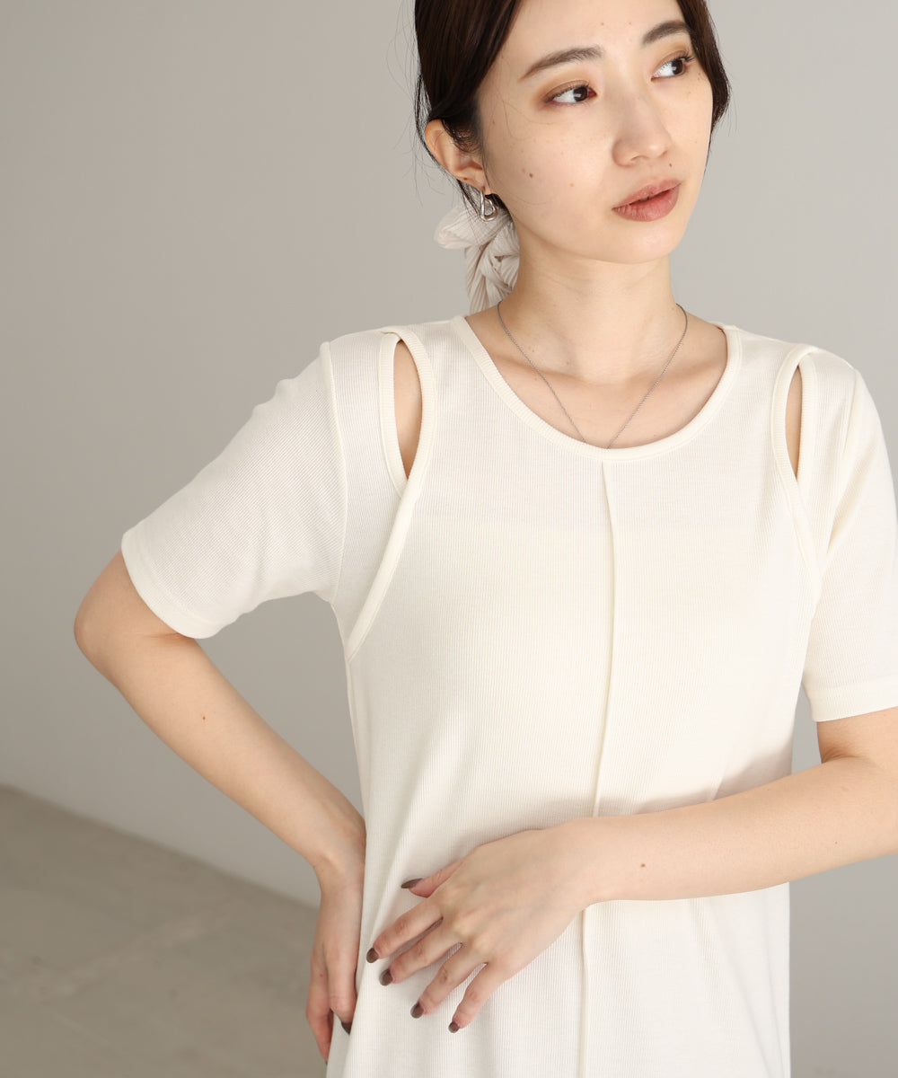 リブカットソーレイヤード風半袖ワンピース