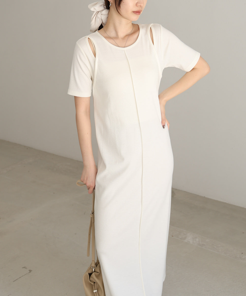 リブカットソーレイヤード風半袖ワンピース