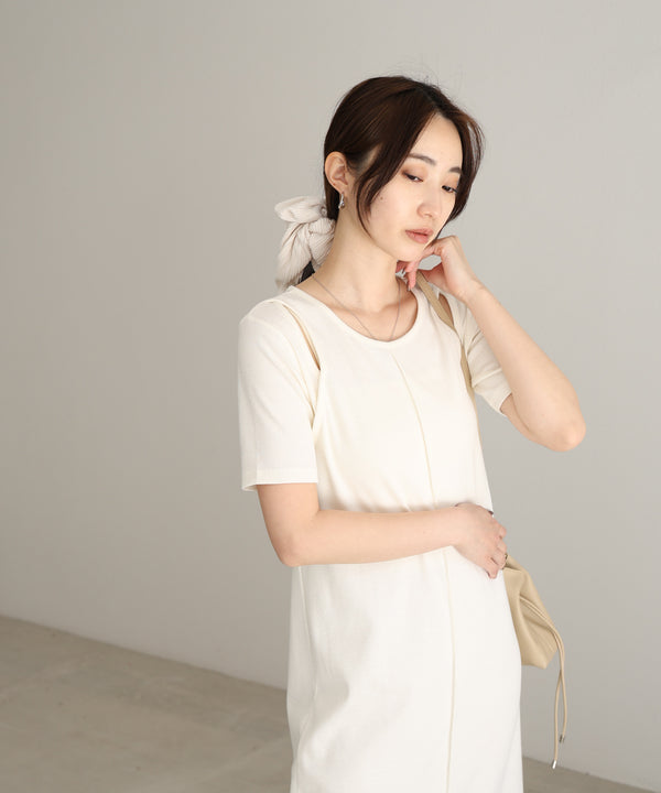 リブカットソーレイヤード風半袖ワンピース