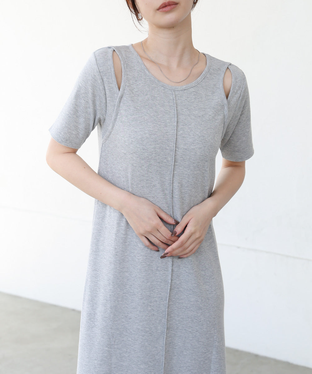 リブカットソーレイヤード風半袖ワンピース