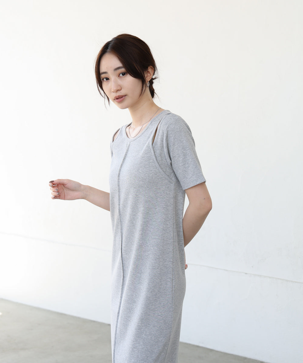 リブカットソーレイヤード風半袖ワンピース