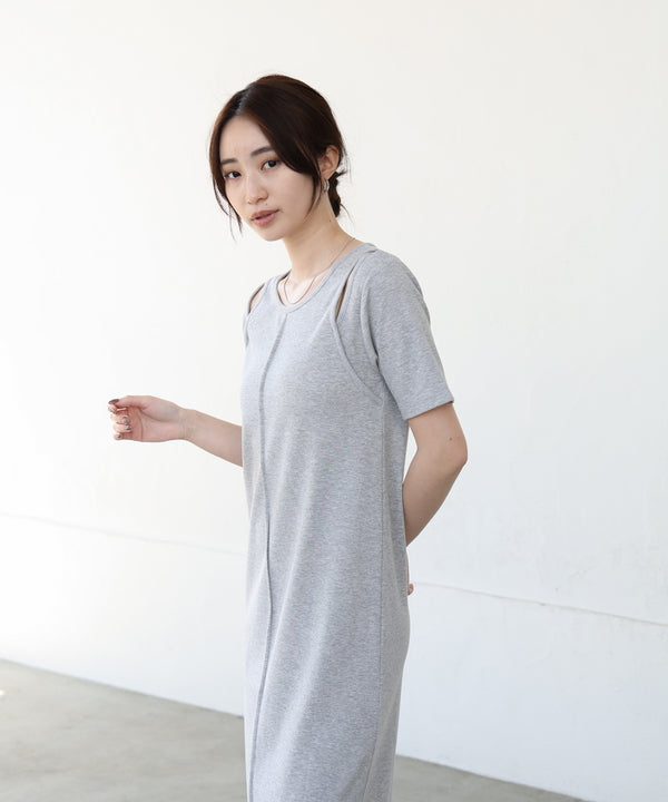 リブカットソーレイヤード風半袖ワンピース