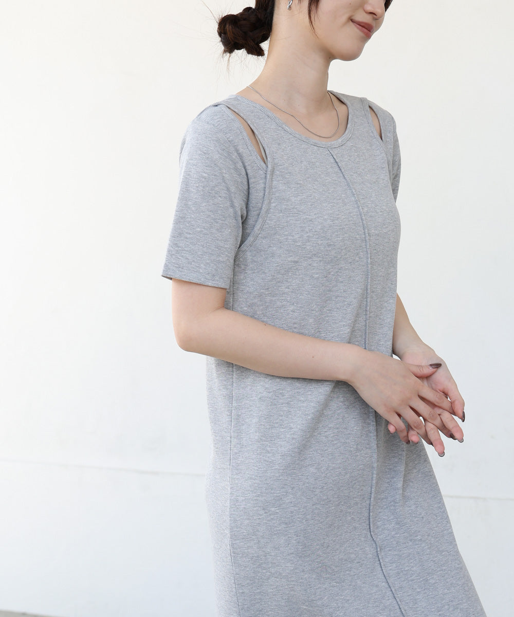 リブカットソーレイヤード風半袖ワンピース