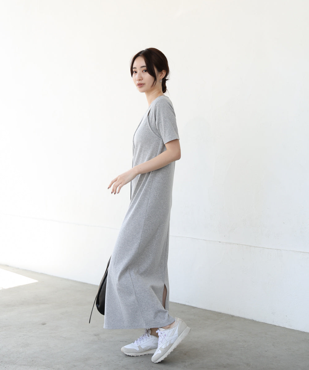 リブカットソーレイヤード風半袖ワンピース