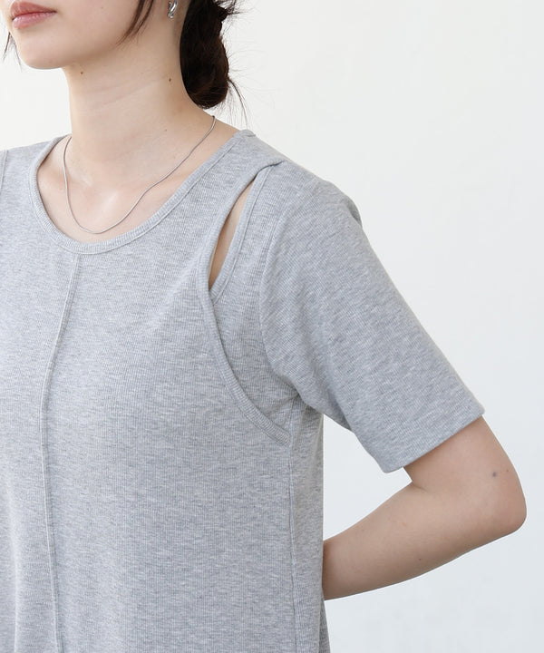 リブカットソーレイヤード風半袖ワンピース