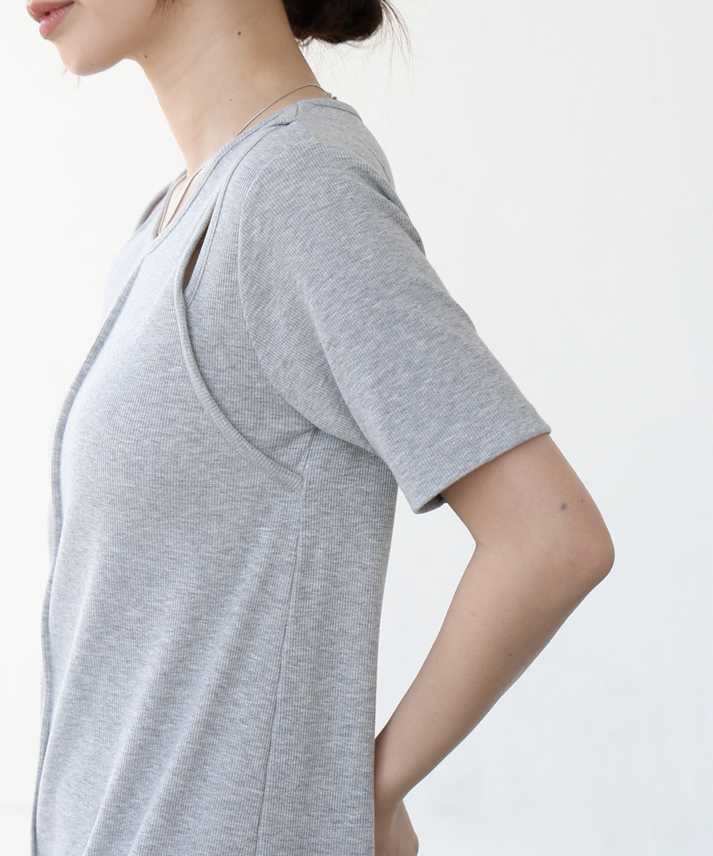 リブカットソーレイヤード風半袖ワンピース