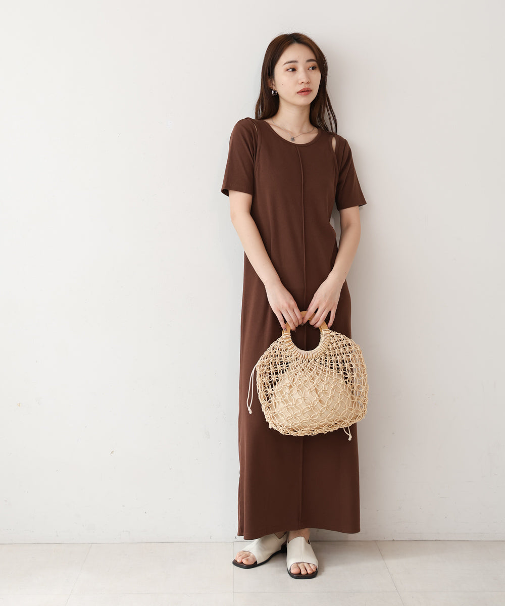 リブカットソーレイヤード風半袖ワンピース