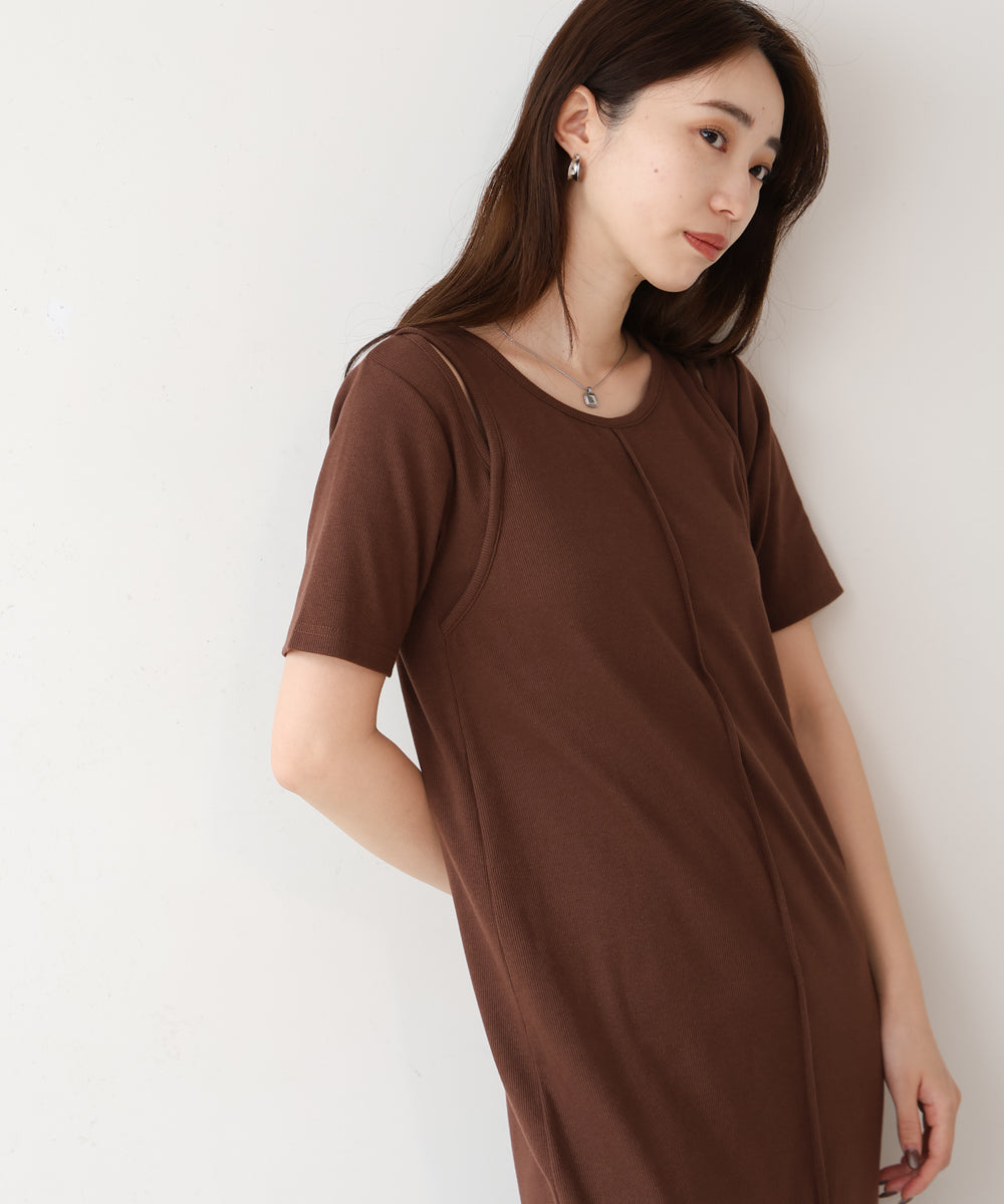 リブカットソーレイヤード風半袖ワンピース