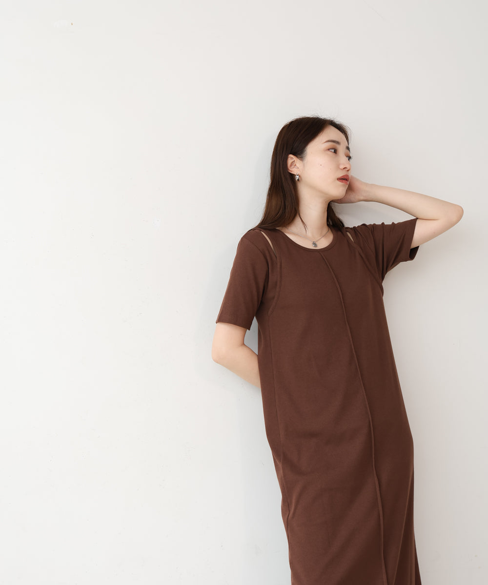 リブカットソーレイヤード風半袖ワンピース