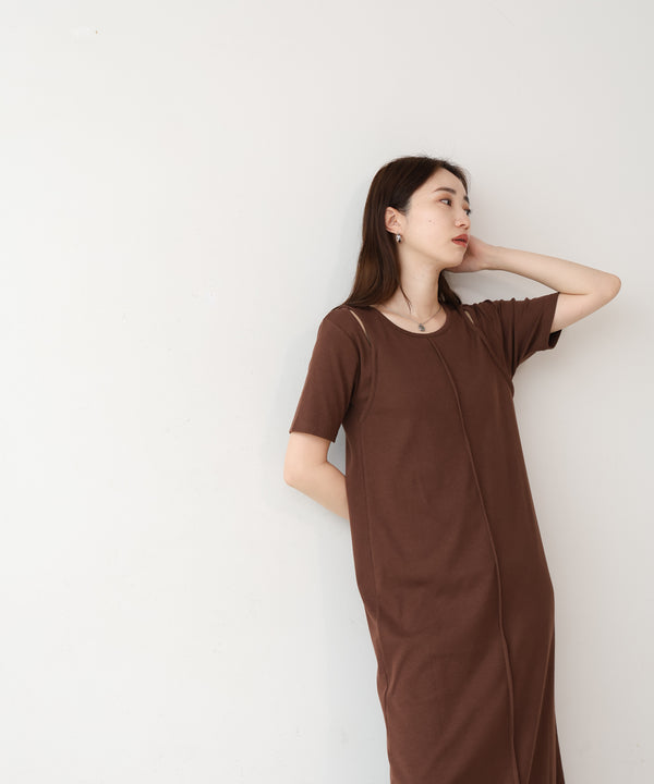 リブカットソーレイヤード風半袖ワンピース